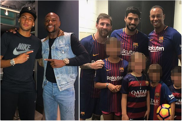 Barcelona Stars Meet Mayweather, Tiger Woods After Victory Over Real Madrid. Photos