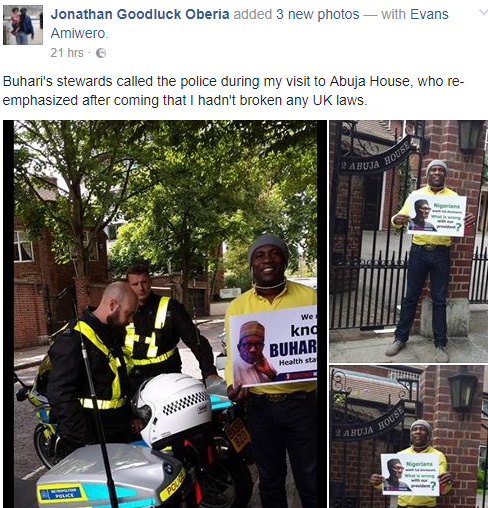 Nigerian man stage a protest in front of Buhari’s residence in London, UK police refuse to arrest him (Photos)