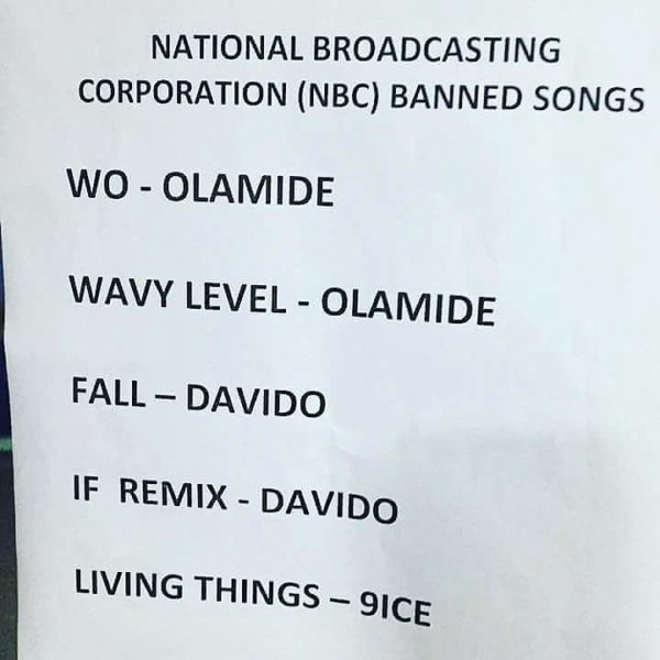 Davido, 9ice and Olamide’s songs Banned by The National Broadcasting Corporation (NBC)