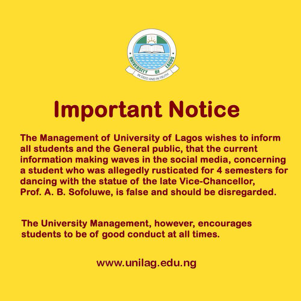 UNILAG Denies Rusticating Student For Dancing with Former VC's Status