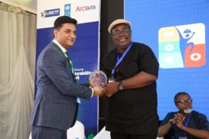 Amit Washington, CEO, Arc Skills Nigeria presenting a plaque to one of the entertainment sector panelists, Chike Maduegbuna, CEO, Afrinolly Limited at the Lagos State Employability Support Project Entertainment Sector Industry Engagement held at The Civic Centre, Victoria Island, Lagos on Friday.