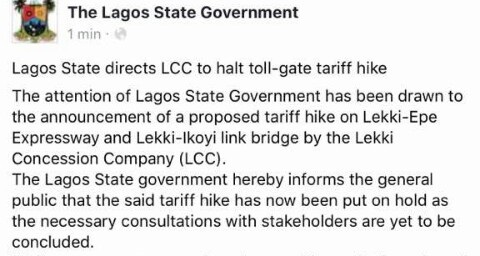 Lagos Government Halts Lekki Toll Gate Tariff Hike