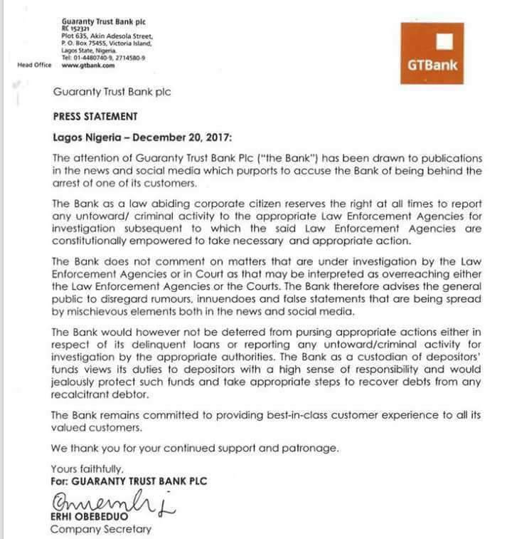 GTB Releases Official Statement On Innoson And EFCC |READ