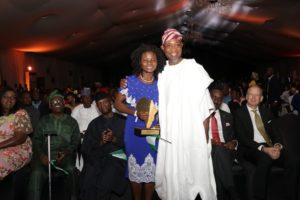 Ogbeni Rauf Aregbesola, Governor of Osun State and Dada Olabisi Mary, winner of The Future Awards Africa prize 2017 for Public Service.