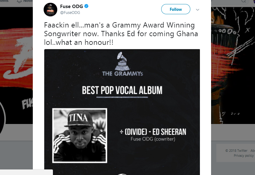 Fuse ODG Celebrates After Winning Grammys Alongside ED Sheeran