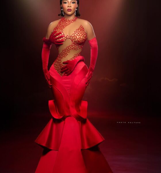 Toke Makinwa In Red Avant-Garde For BBNaija 9 Finale | fab.ng